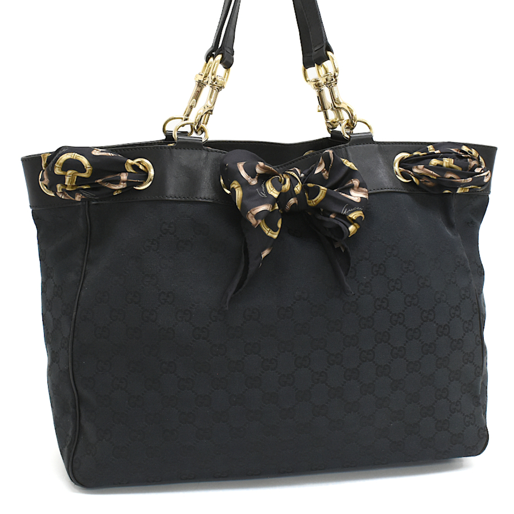 Gucci Shoulder Tote Bag Scarf GG Canvas Leather Black